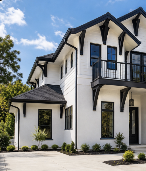White home with black decorative brackets beneath rooflines, balcony and entry
